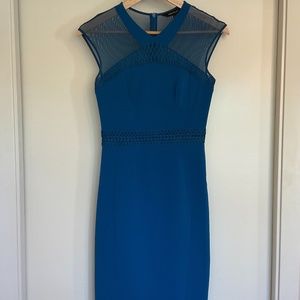 Karen Millen Mesh and Lace Pencil Dress + US 2 + Blue